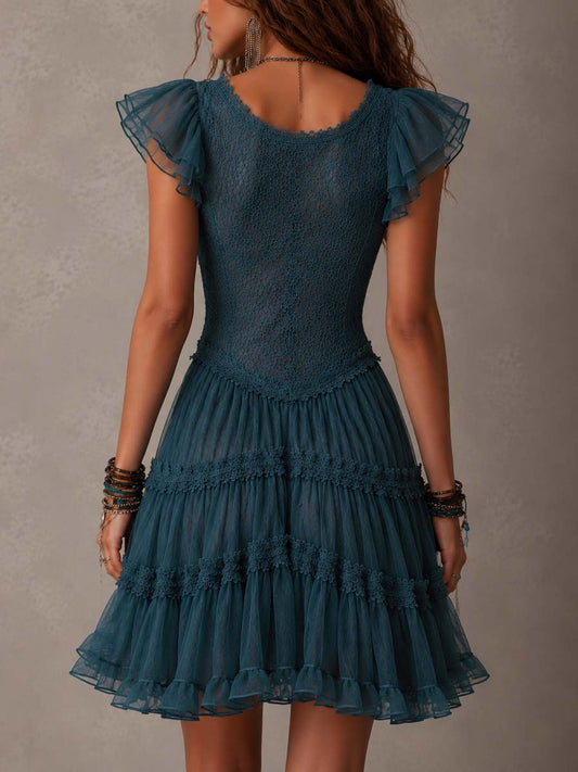 Laurent | Minivestido de encaje y gasa con volantes en azul retro