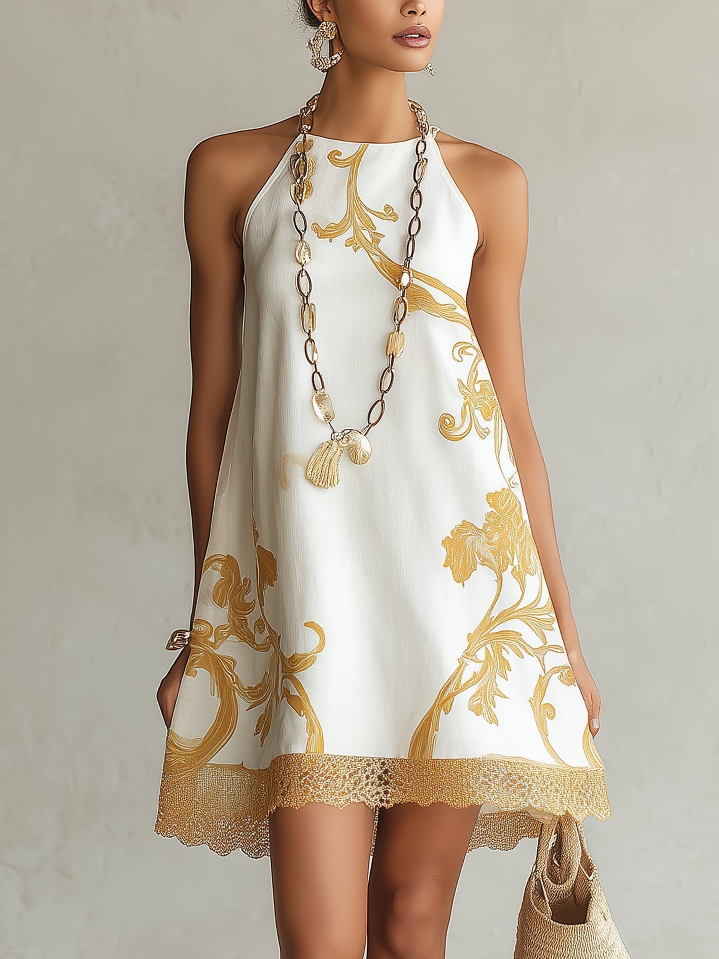 Laurent | Minivestido blanco de encaje con estampados dorados