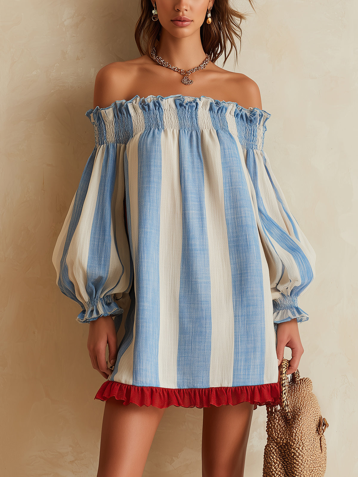 Laurent | Minivestido de rayas azul y blanco con hombros descubiertos