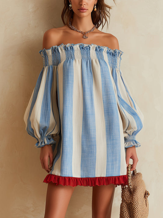 Laurent | Minivestido de rayas azul y blanco con hombros descubiertos