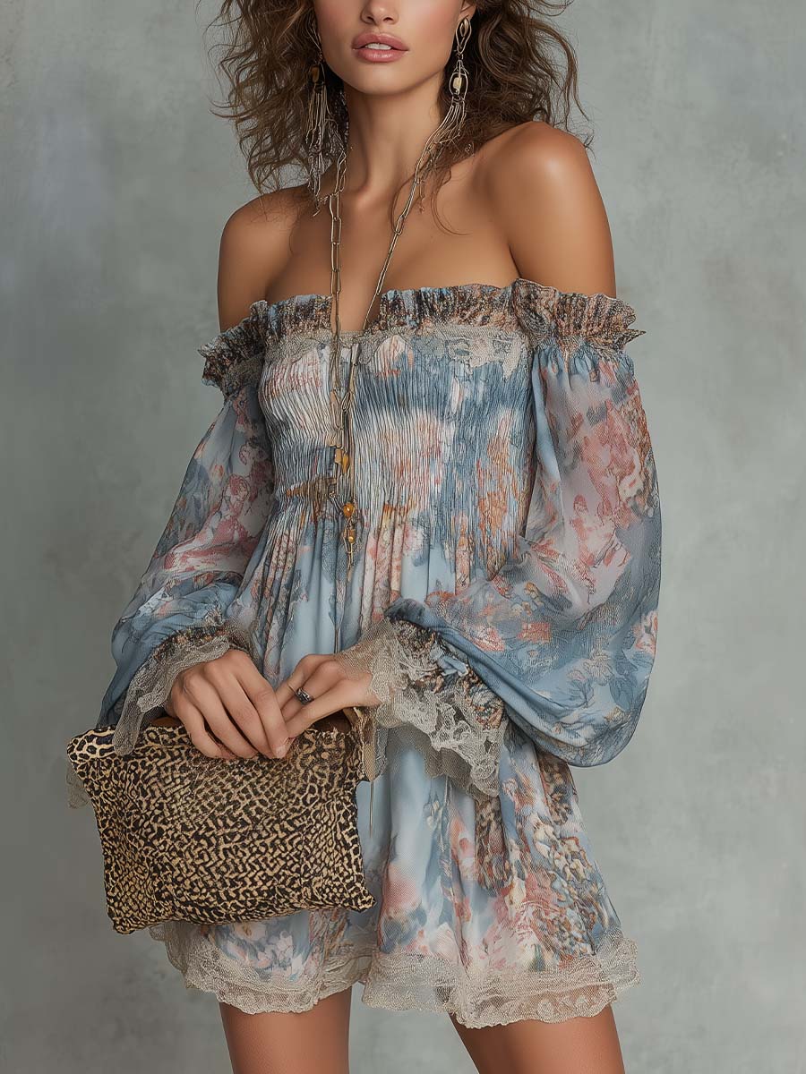 Laurent | Minivestido de gasa fruncido con hombros descubiertos y flores