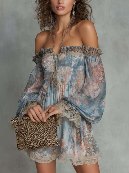 Laurent | Minivestido de gasa fruncido con hombros descubiertos y flores