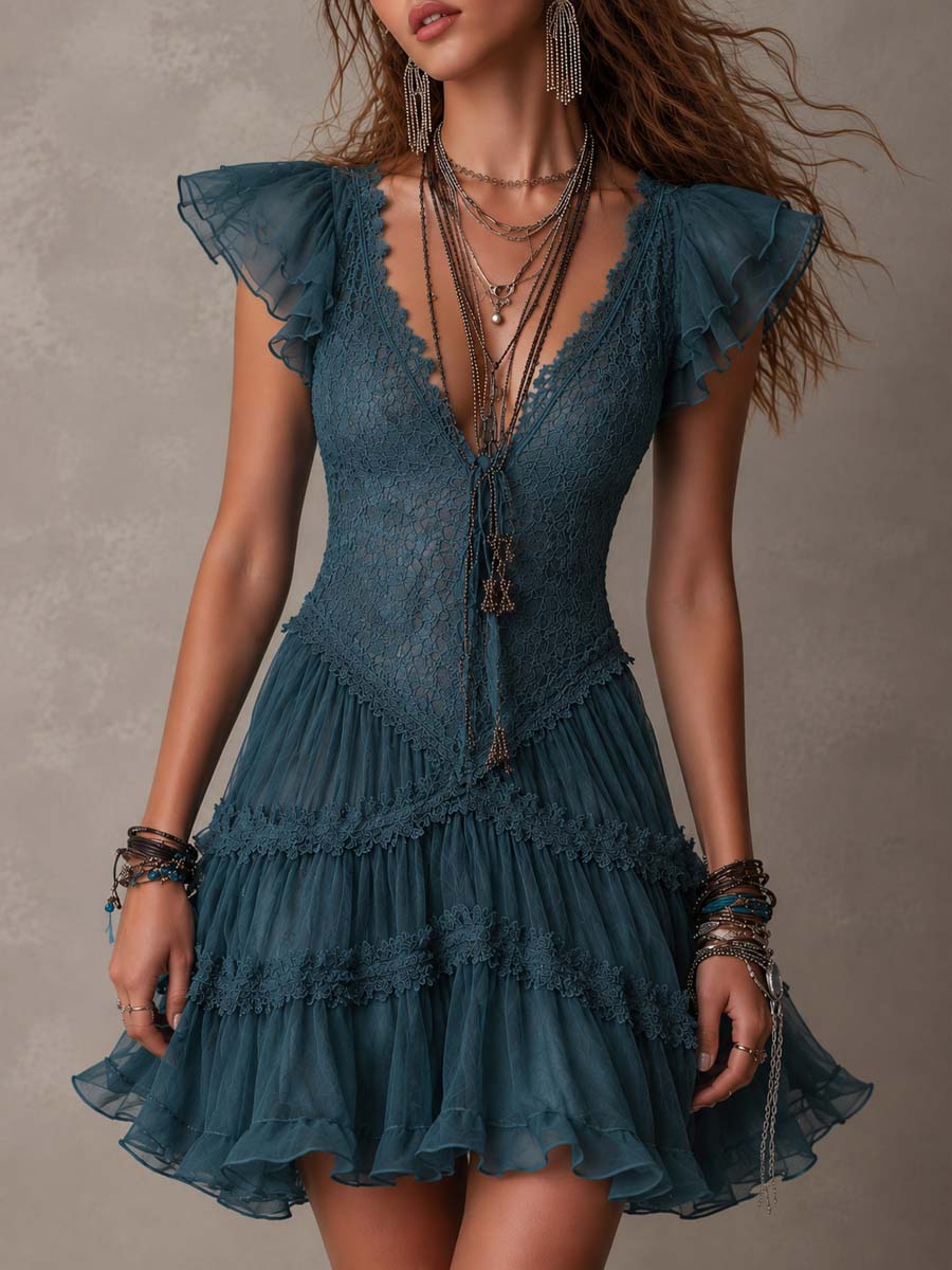 Laurent | Minivestido de encaje y gasa con volantes en azul retro