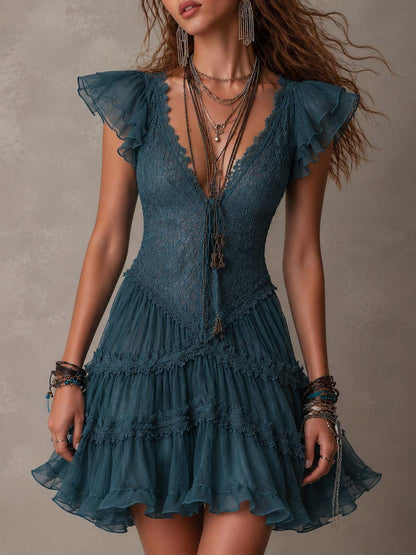 Laurent | Minivestido de encaje y gasa con volantes en azul retro