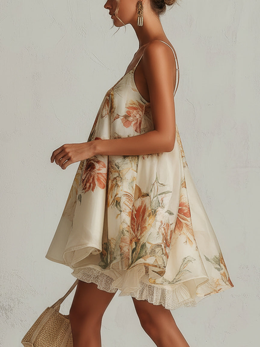 Laurent | Minivestido trapecio de organza floral beige con cenefa de encaje