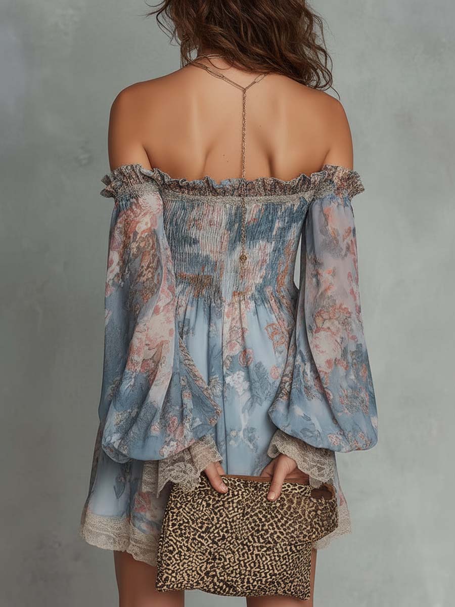 Laurent | Minivestido de gasa fruncido con hombros descubiertos y flores