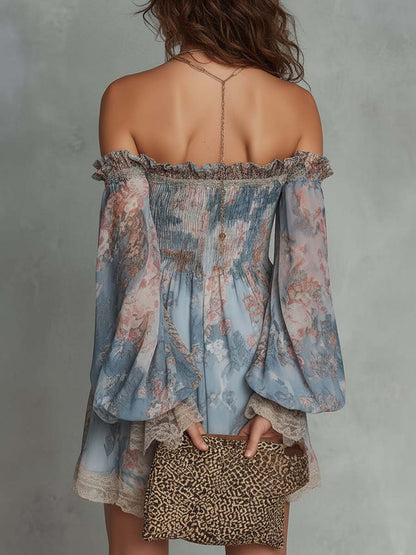 Laurent | Minivestido de gasa fruncido con hombros descubiertos y flores