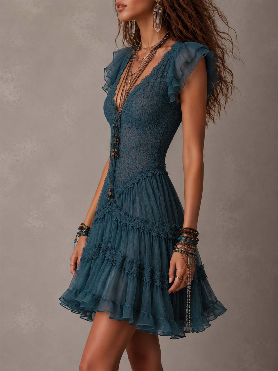 Laurent | Minivestido de encaje y gasa con volantes en azul retro