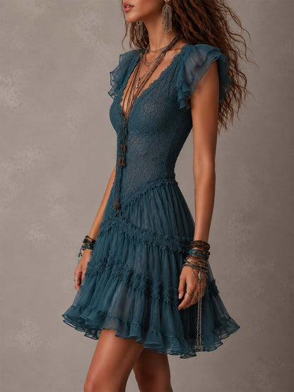 Laurent | Minivestido de encaje y gasa con volantes en azul retro