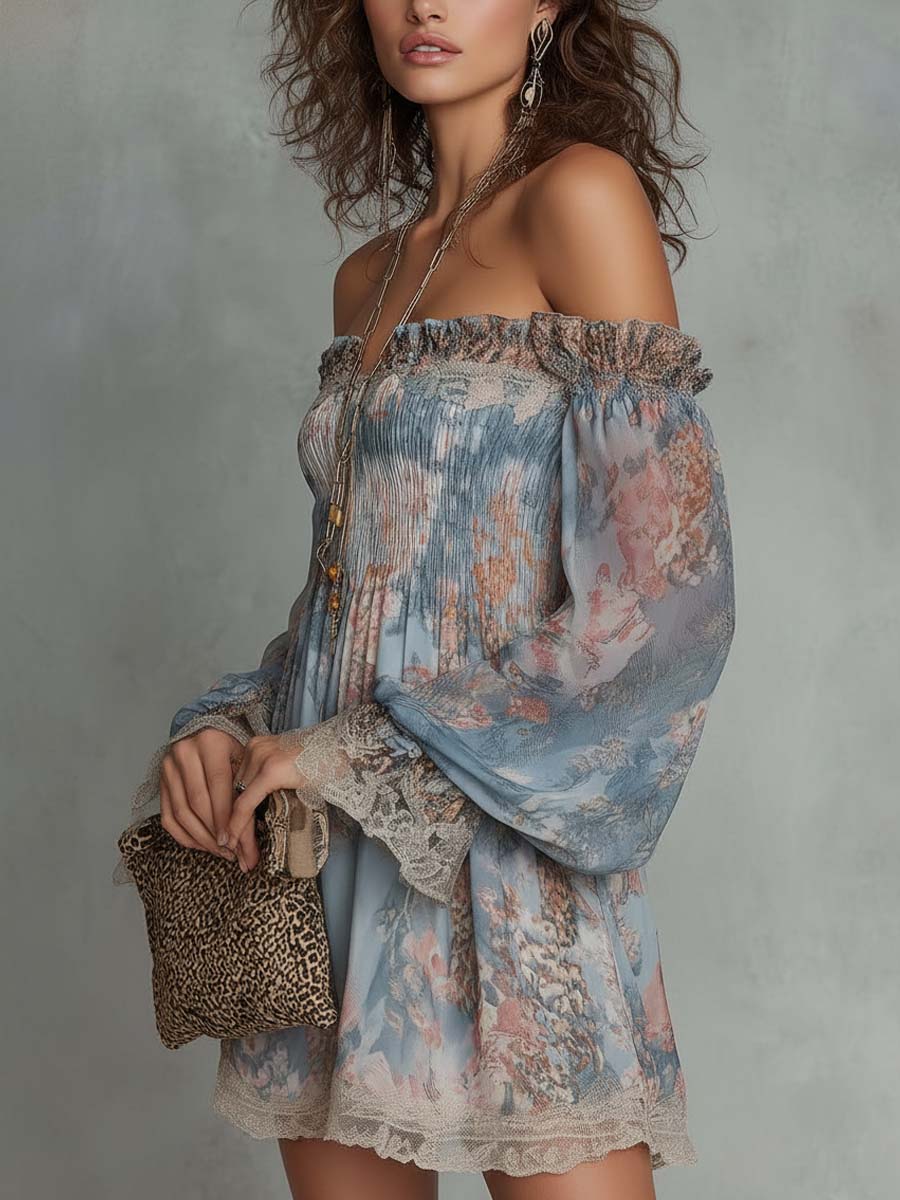 Laurent | Minivestido de gasa fruncido con hombros descubiertos y flores