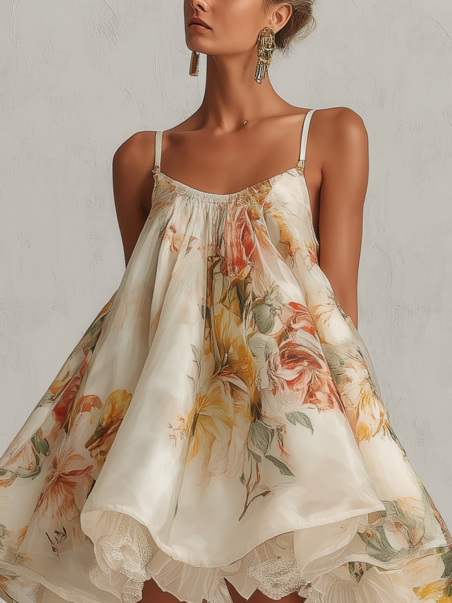 Laurent | Minivestido trapecio de organza floral beige con cenefa de encaje