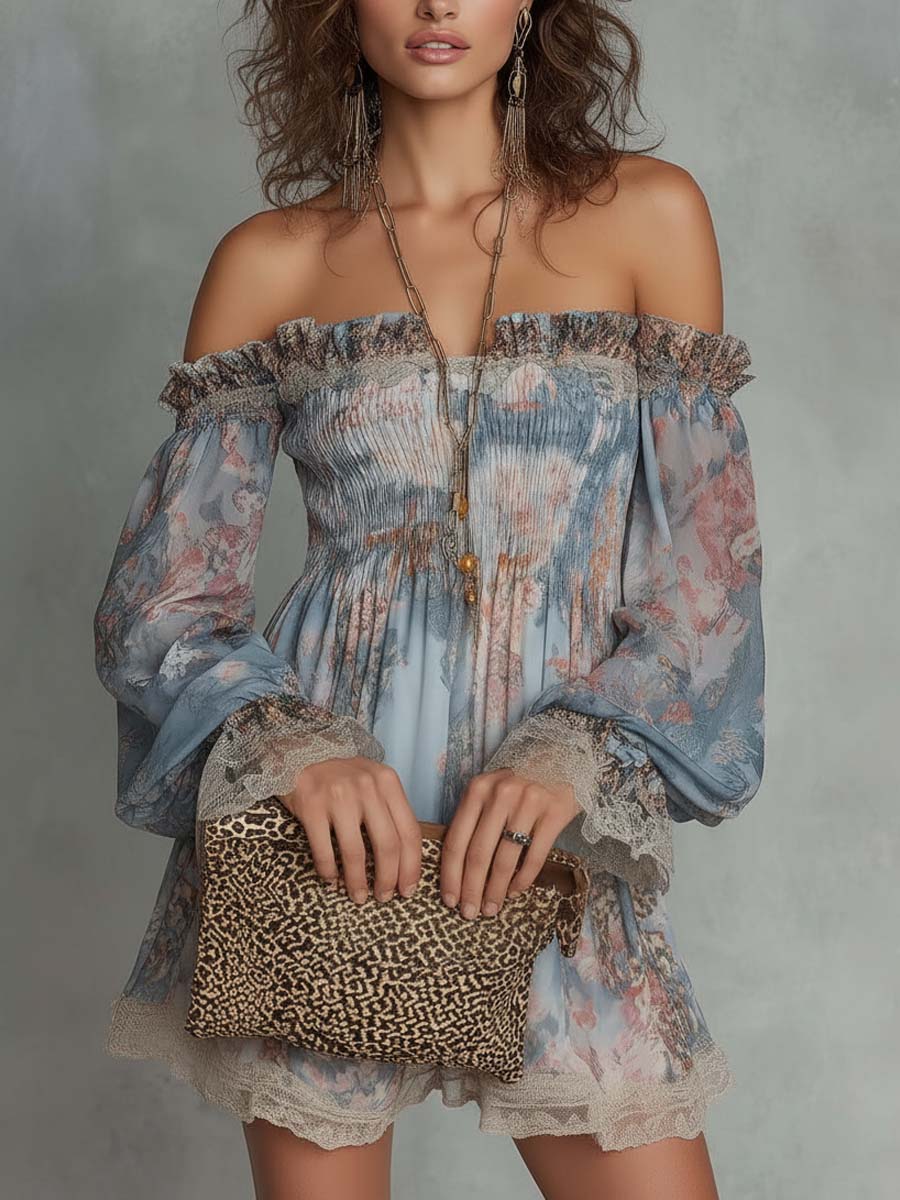 Laurent | Minivestido de gasa fruncido con hombros descubiertos y flores