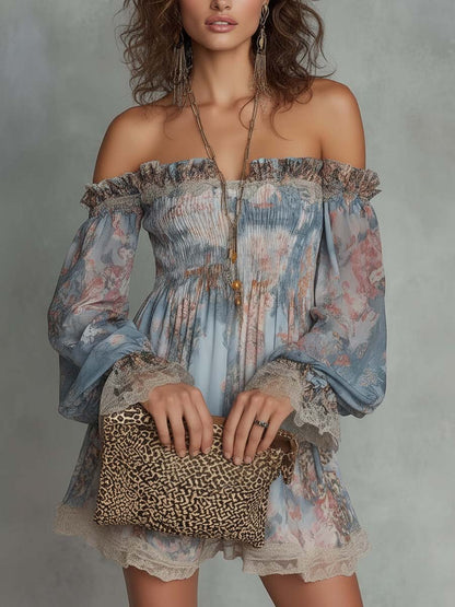 Laurent | Minivestido de gasa fruncido con hombros descubiertos y flores