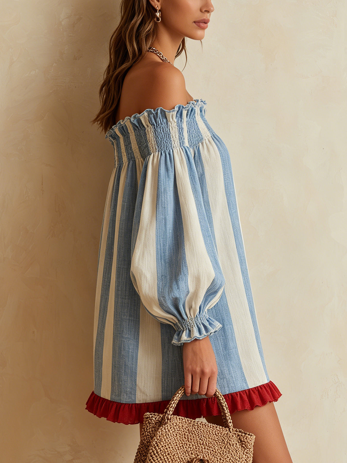 Laurent | Minivestido de rayas azul y blanco con hombros descubiertos