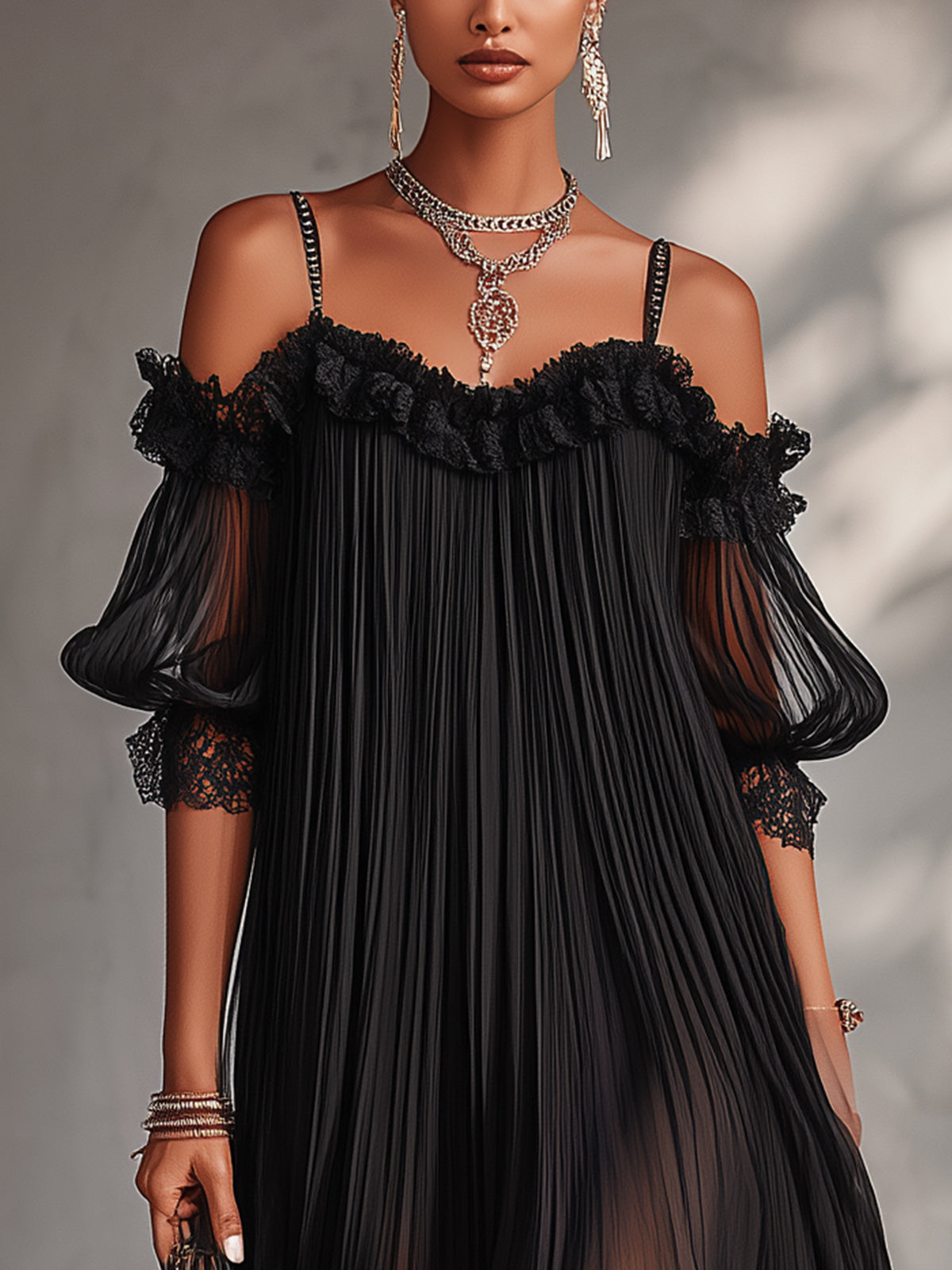 Laurent | Minivestido de gasa negro con hombros descubiertos y cenefa de encaje