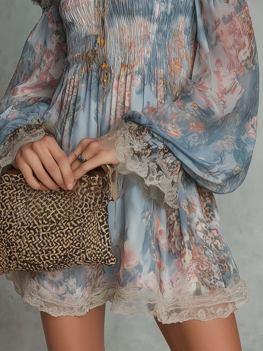 Laurent | Minivestido de gasa fruncido con hombros descubiertos y flores
