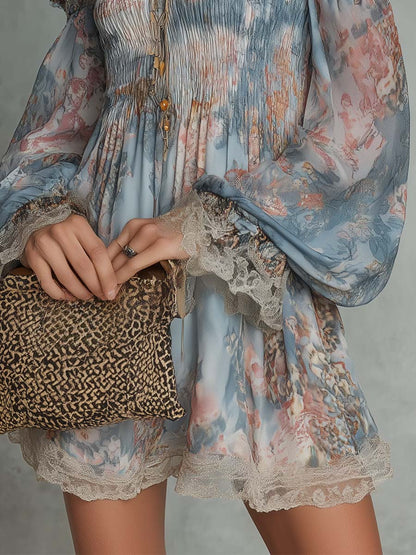 Laurent | Minivestido de gasa fruncido con hombros descubiertos y flores
