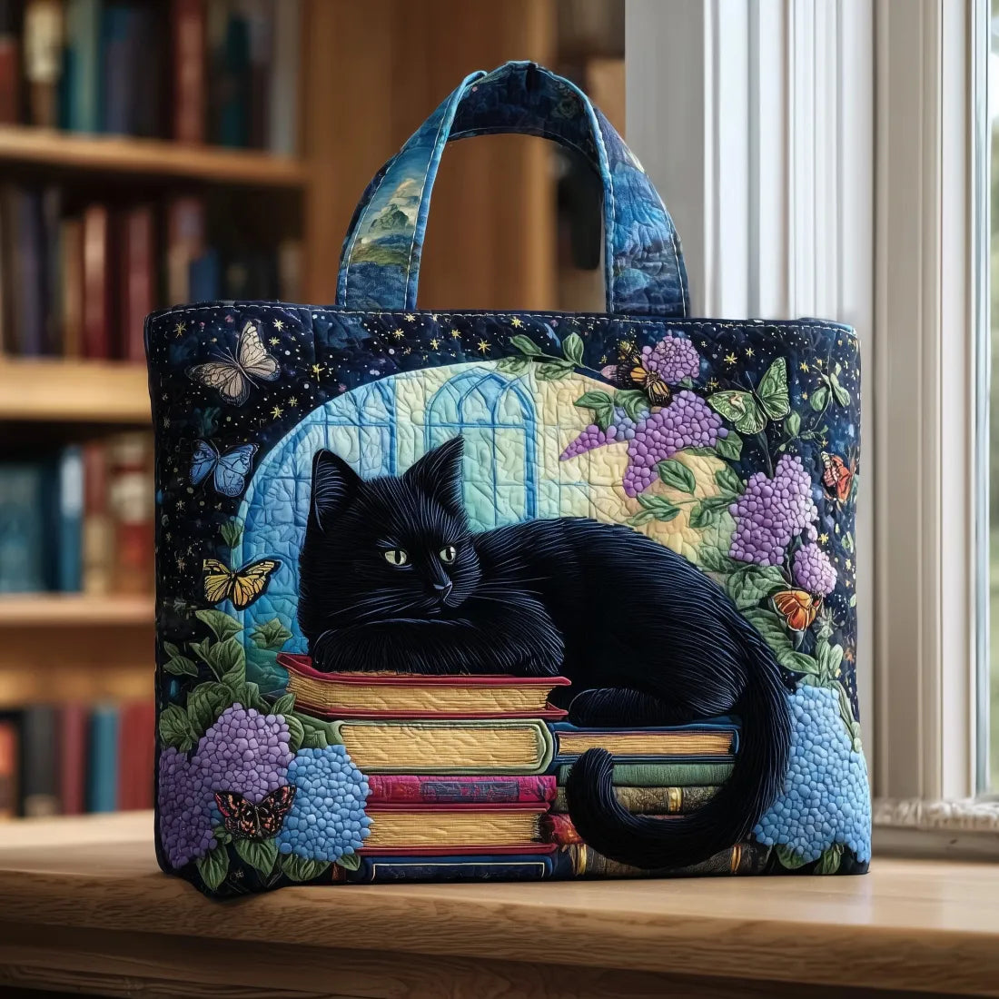 Bolso artesanal Cat Noir con estampado de libros