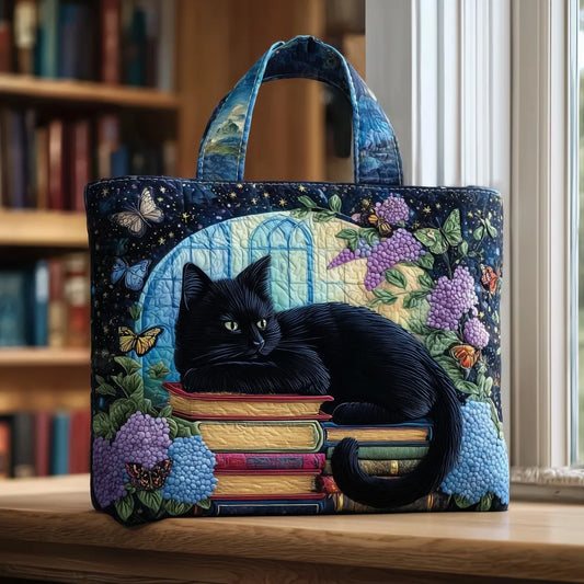 Bolso artesanal Cat Noir con estampado de libros