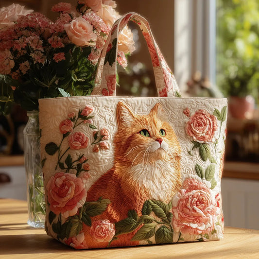 Bolso artesanal rojo con forma de gato y rosas.
