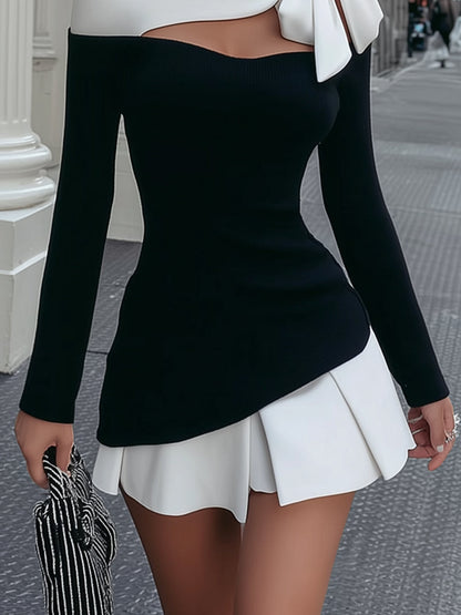 Laurent | Minivestido blanco y negro con tirante y lazo cosido