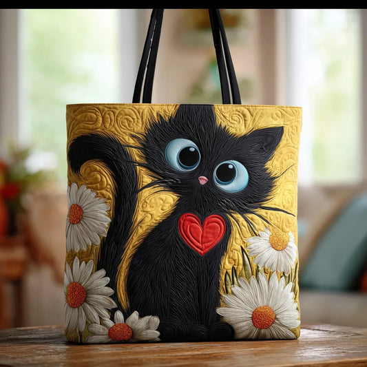 Bolso artesanal de gato negro con corazón y margaritas.