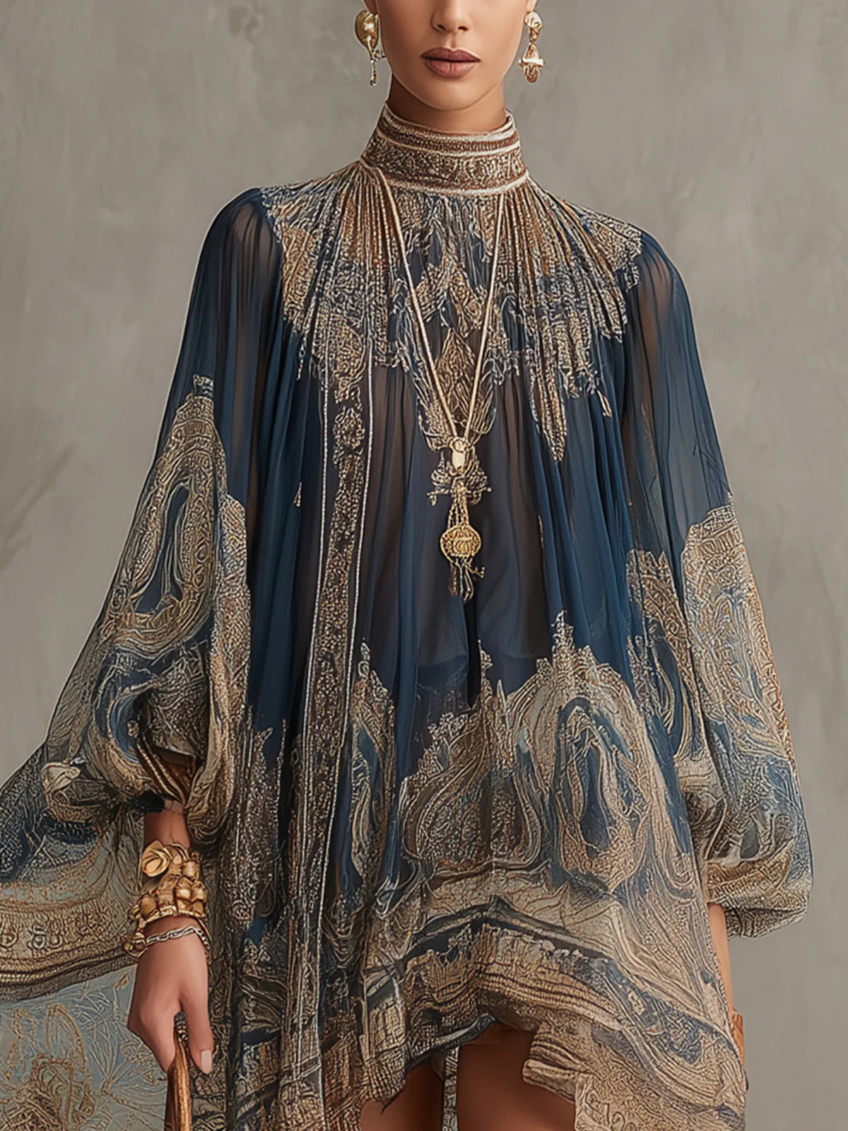Laurent | Minivestido de gasa asimétrico con estampado barroco azul marino