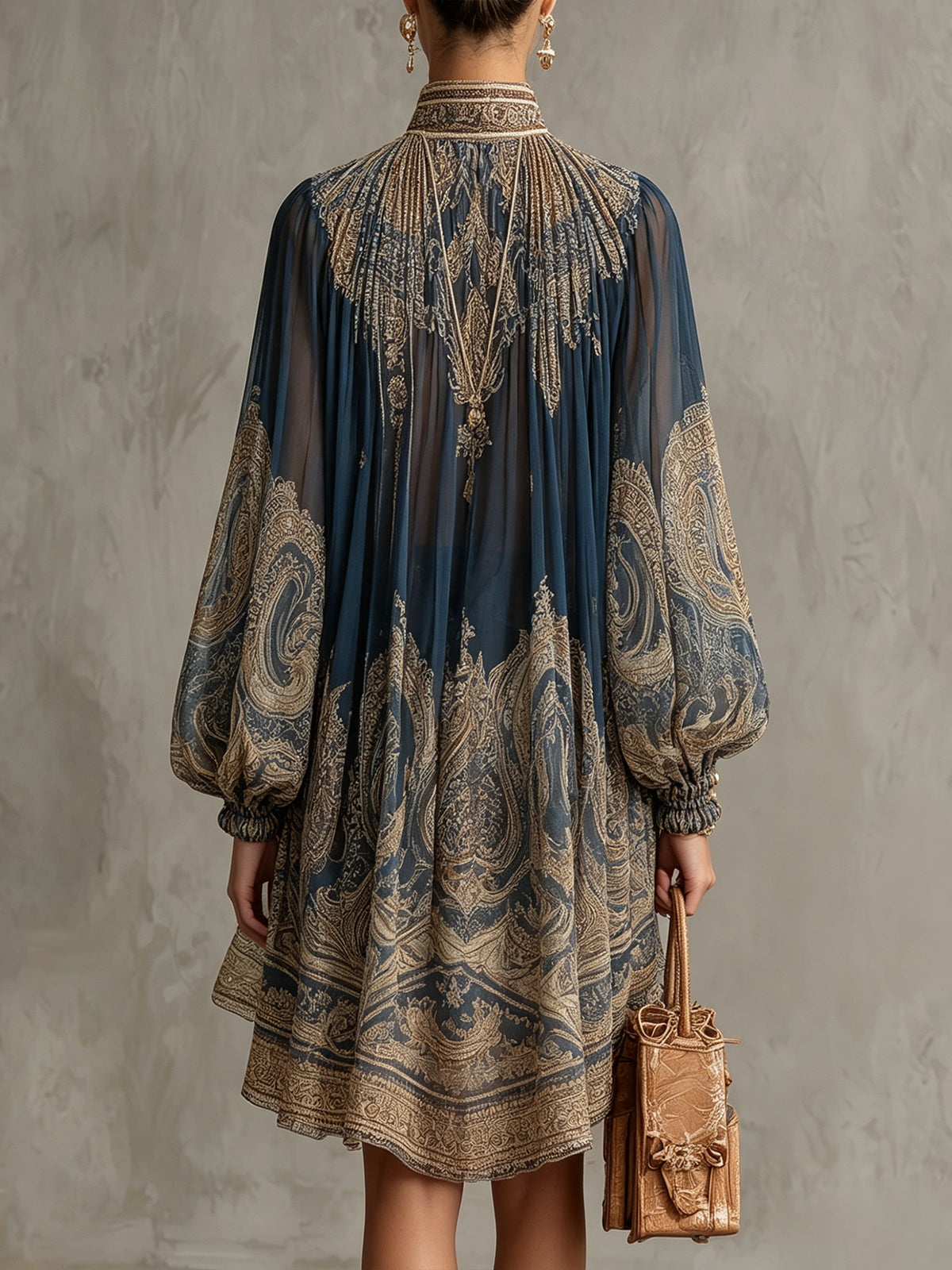 Laurent | Minivestido de gasa asimétrico con estampado barroco azul marino