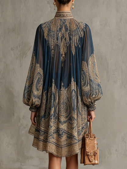 Laurent | Minivestido de gasa asimétrico con estampado barroco azul marino