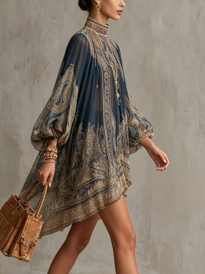 Laurent | Minivestido de gasa asimétrico con estampado barroco azul marino