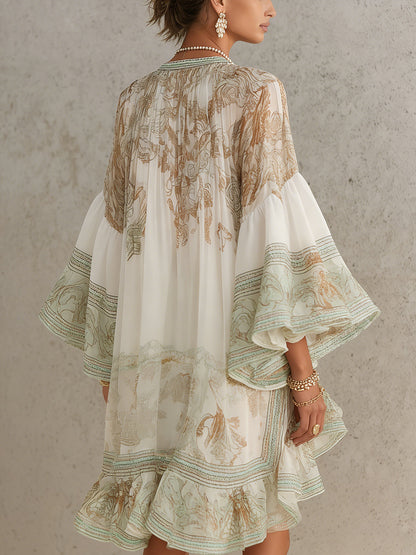Laurent | Minivestido de gasa con mangas de volante y bajo rayado verde