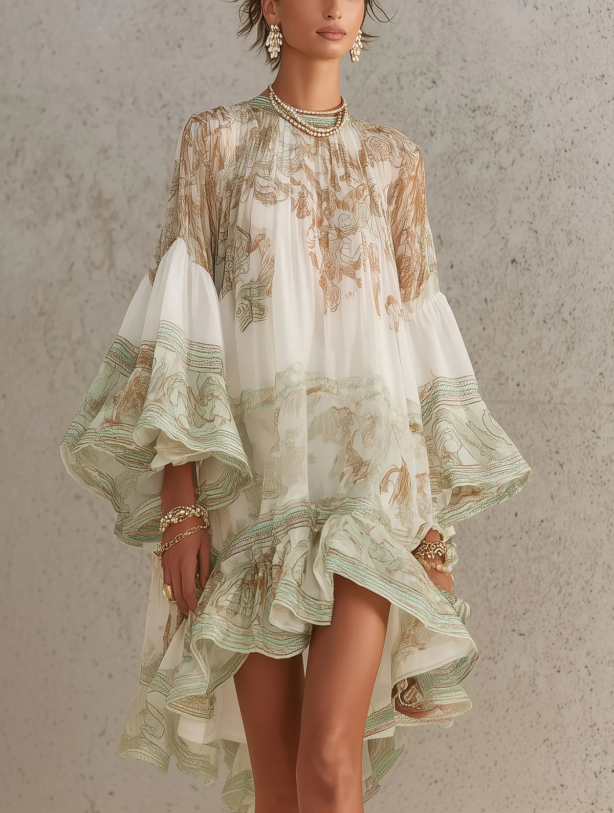 Laurent | Minivestido de gasa con mangas de volante y bajo rayado verde