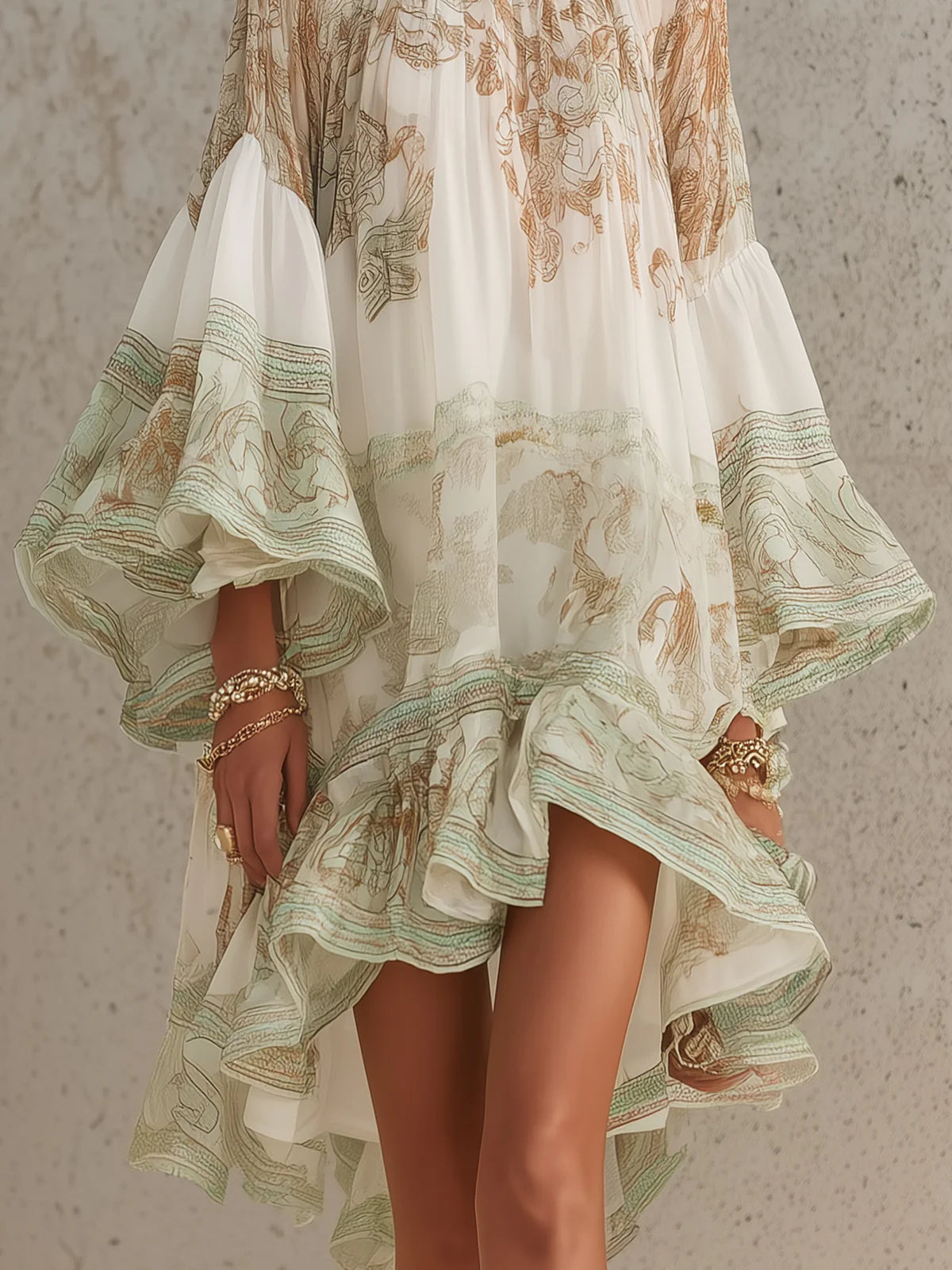 Laurent | Minivestido de gasa con mangas de volante y bajo rayado verde