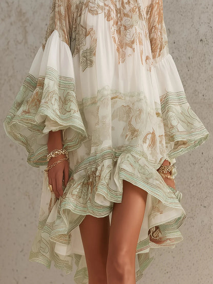 Laurent | Minivestido de gasa con mangas de volante y bajo rayado verde