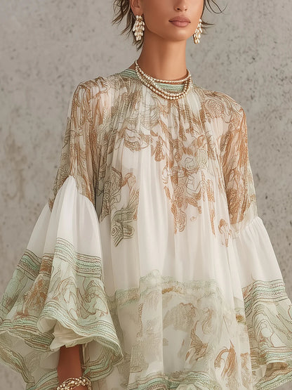 Laurent | Minivestido de gasa con mangas de volante y bajo rayado verde