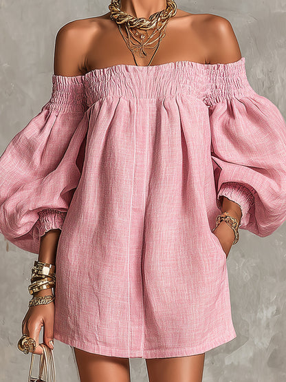 Laurent | Minivestido trapecio rosa con mangas farol y hombros descubiertos