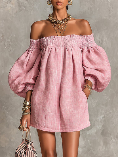 Laurent | Minivestido trapecio rosa con mangas farol y hombros descubiertos
