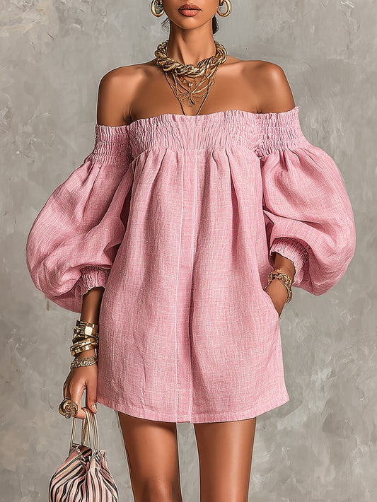 Laurent | Minivestido trapecio rosa con mangas farol y hombros descubiertos