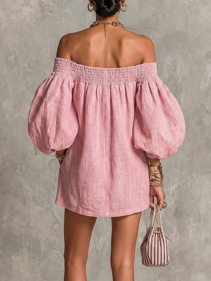 Laurent | Minivestido trapecio rosa con mangas farol y hombros descubiertos