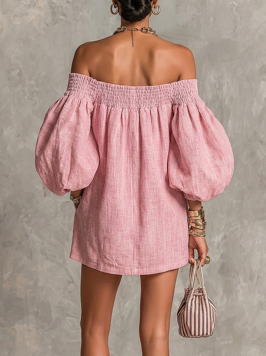 Laurent | Minivestido trapecio rosa con mangas farol y hombros descubiertos