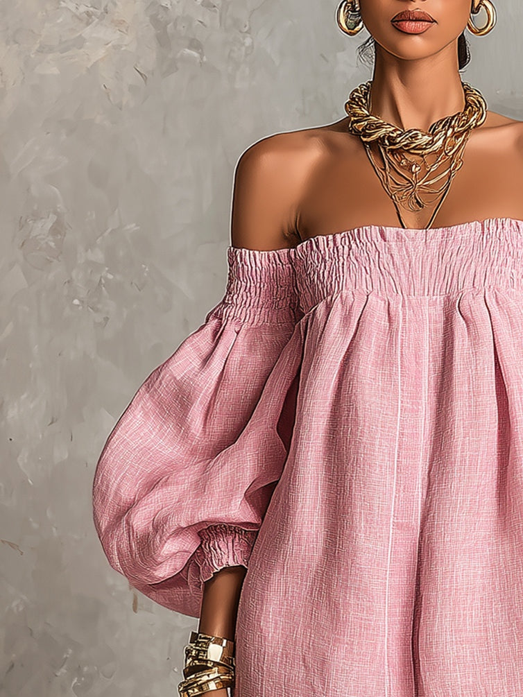 Laurent | Minivestido trapecio rosa con mangas farol y hombros descubiertos