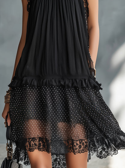 Laurent | Minivestido de topos con volantes y cenefa de encaje negro