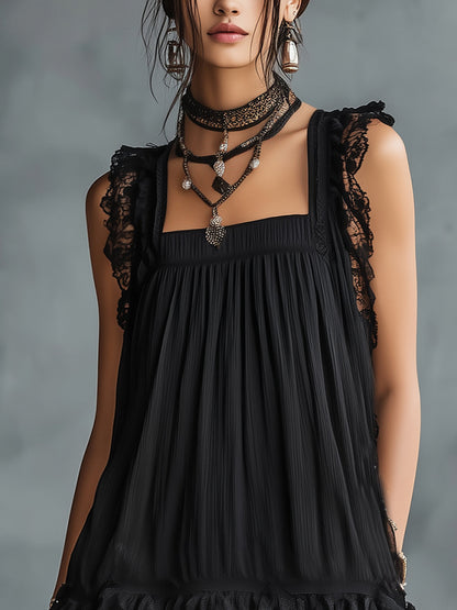Laurent | Minivestido de topos con volantes y cenefa de encaje negro
