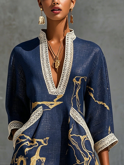 Laurent | Minivestido de ganchillo azul marino con motivos dorados y escote en V
