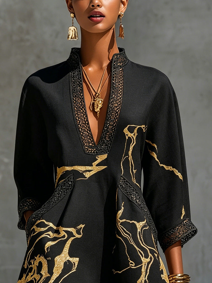 Laurent | Minivestido de ganchillo negro con motivos dorados y escote en V