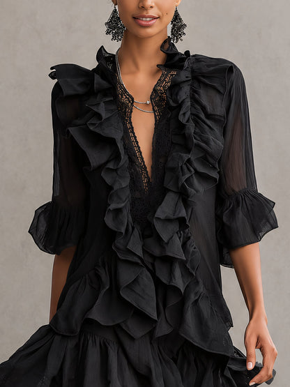 Laurent | Minivestido negro de gasa con volantes