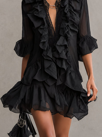 Laurent | Minivestido negro de gasa con volantes