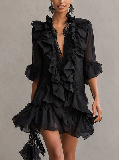 Laurent | Minivestido negro de gasa con volantes