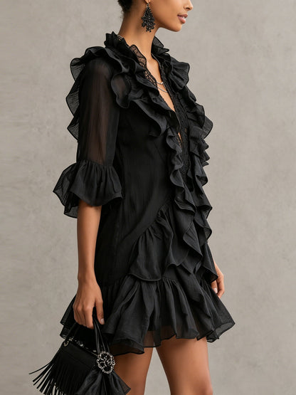 Laurent | Minivestido negro de gasa con volantes