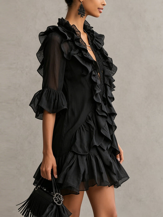 Laurent | Minivestido negro de gasa con volantes